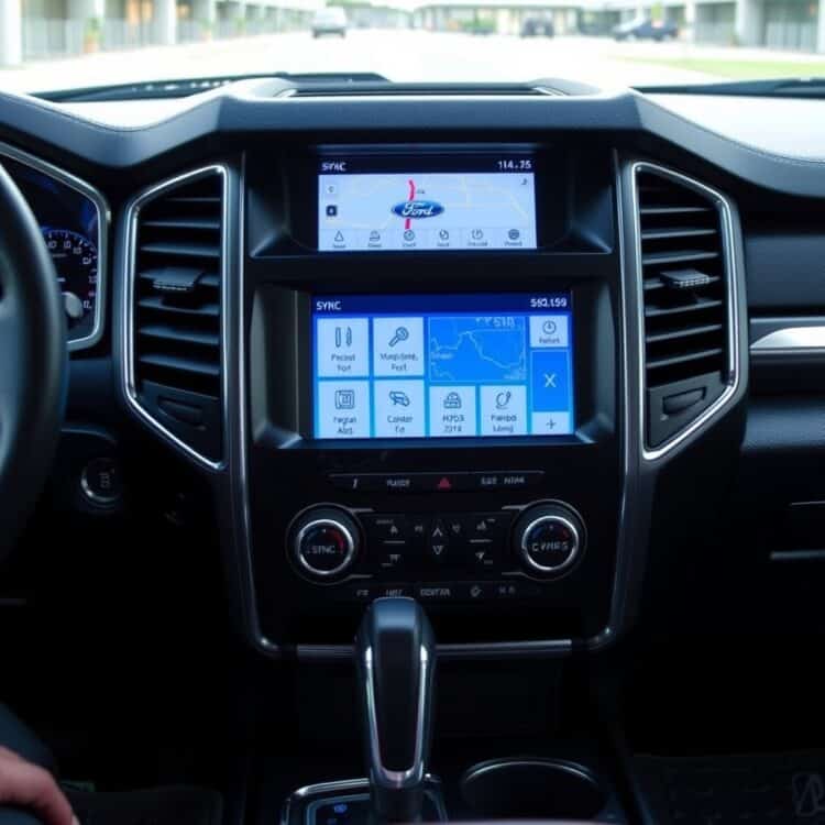 A high-tech dashboard of a Ford vehicle showcasing the SYNC system, audio controls, and navigation display, highlighting the advanced technology and infotainment options available in Ford Limited and Platinum models.