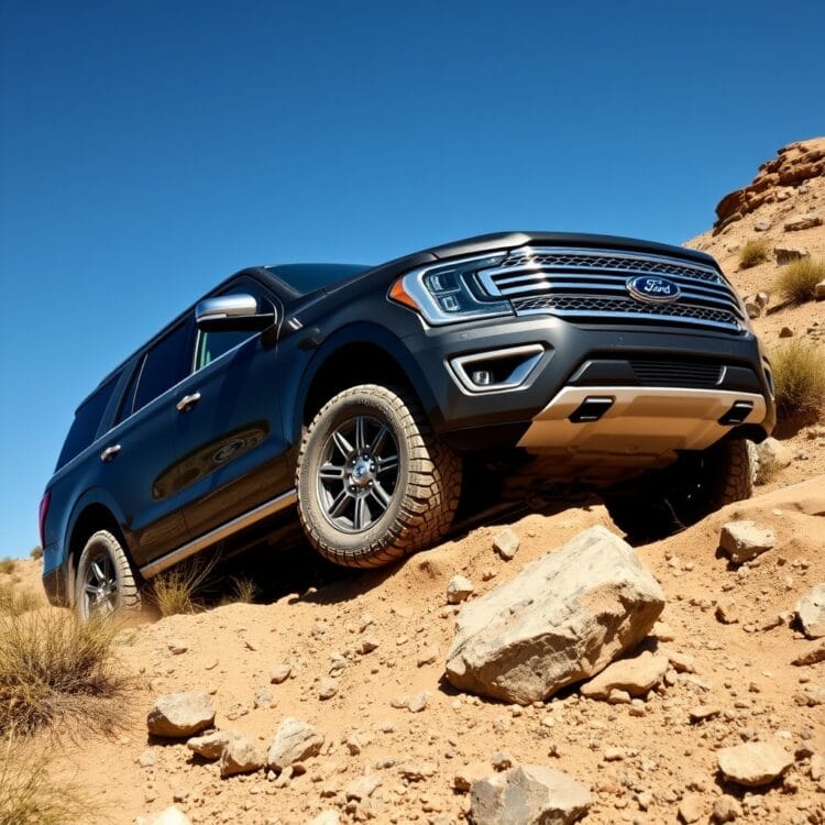 A Ford Platinum model navigating a rugged off-road terrain, emphasizing its superior off-roading technology and capabilities compared to the Limited model, under a clear blue sky.