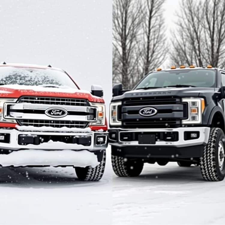 A high-quality, professional stock photo of a Ford F-150 and Ford Super Duty trucks side by side, showcasing their reliability and durability under different weather conditions.