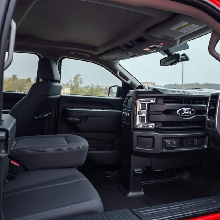 A professional stock photo of a Ford truck's interior, highlighting the comfort, space, and material quality, with a focus on yearly improvements in design.