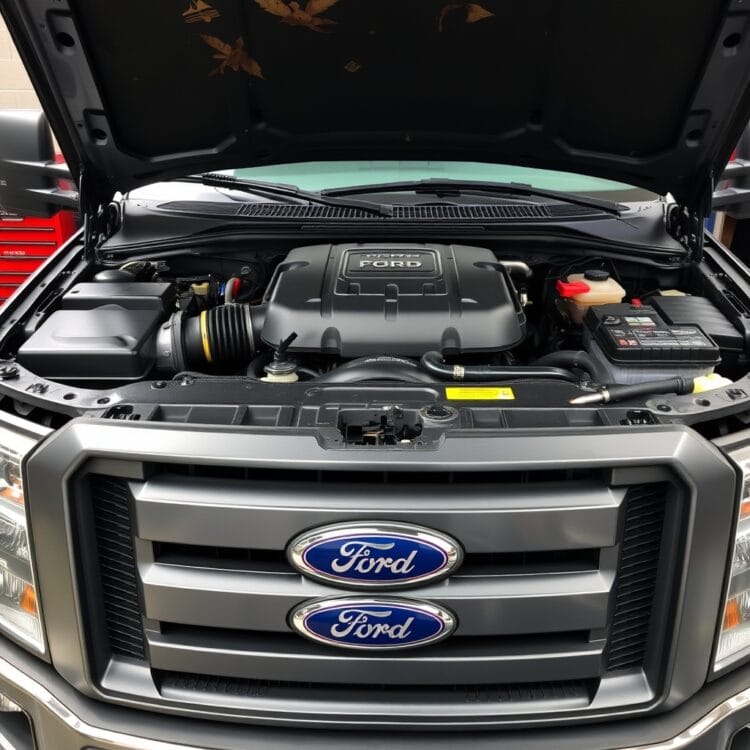 A detailed, high-quality stock photo of a Ford truck's engine bay, emphasizing common issues and recalls, with tools in the background suggesting maintenance or repair.