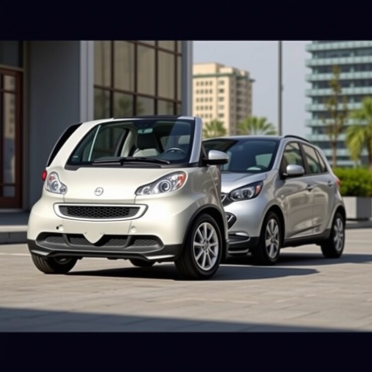 A professional stock photo of a sleek, modern small car parked next to a slightly older model, highlighting the comparison between new and used vehicles in a clean, well-lit urban setting.