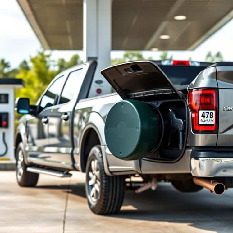 A sleek Ford F-Series truck parked at a gas station, highlighting its fuel efficiency with a clear focus on the fuel cap and a modern, eco-friendly background.