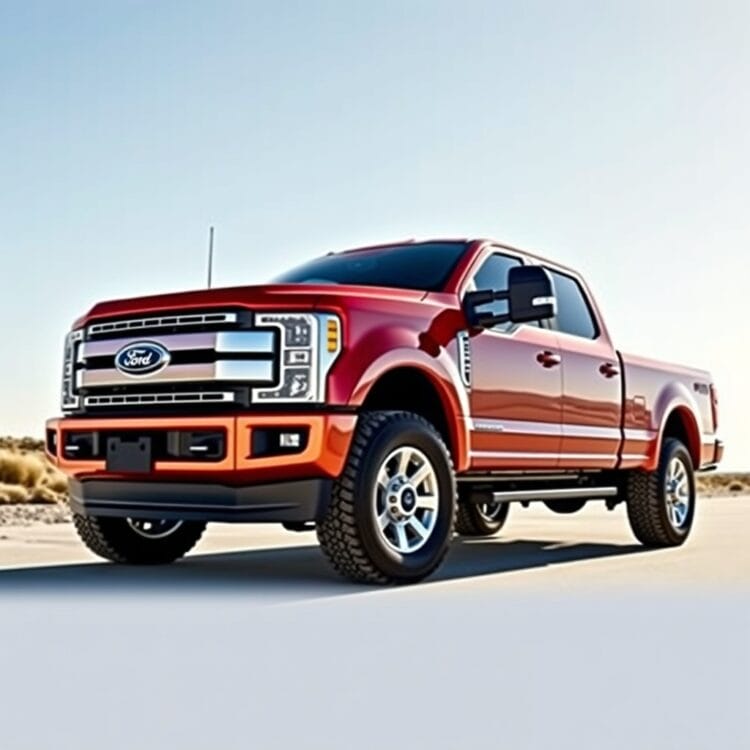 A Ford F-Series truck equipped with advanced safety features, showcasing its robust build and technology under a bright, clear sky for a professional look.