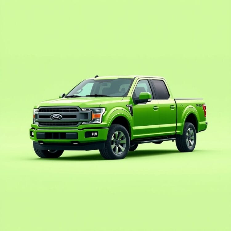 A Ford F-Series truck in a green, sustainable environment, symbolizing its low emissions and Ford's commitment to eco-friendly initiatives with a clean, modern aesthetic.