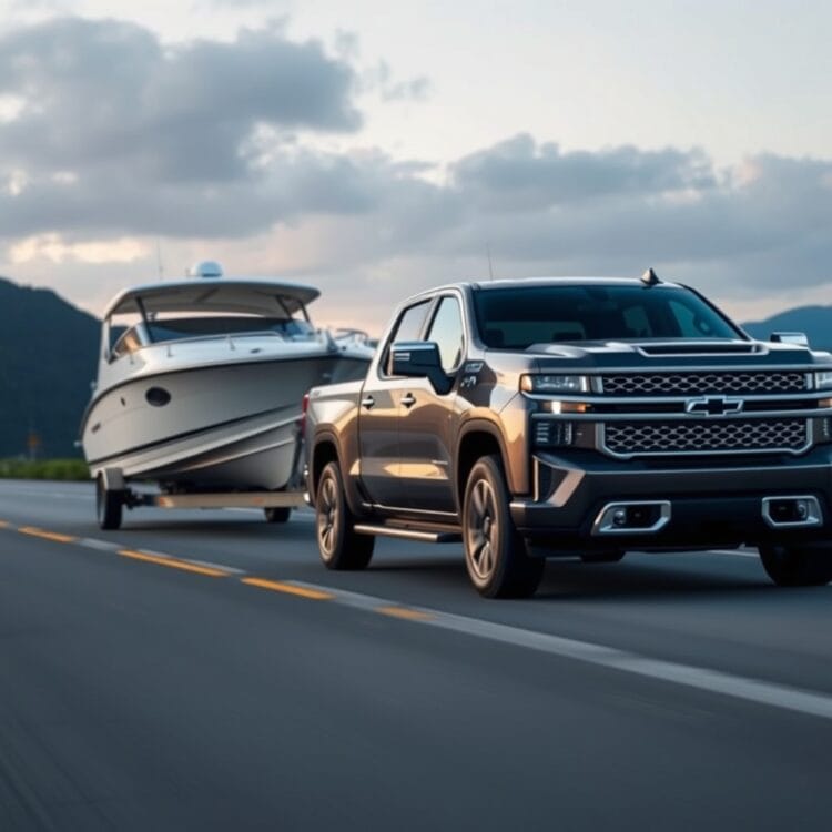 A sleek, modern 1500 series truck towing a large boat, showcasing its towing and payload capacities against a scenic backdrop.