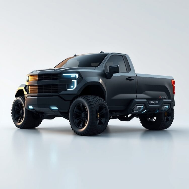 A futuristic concept image of an electric 1500 series truck with advanced technology features, symbolizing the future of truck development.