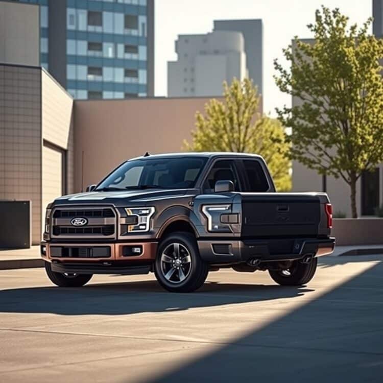 A sleek Ford F-150 parked in a modern urban setting, showcasing its versatility and customization options under the sunlight.