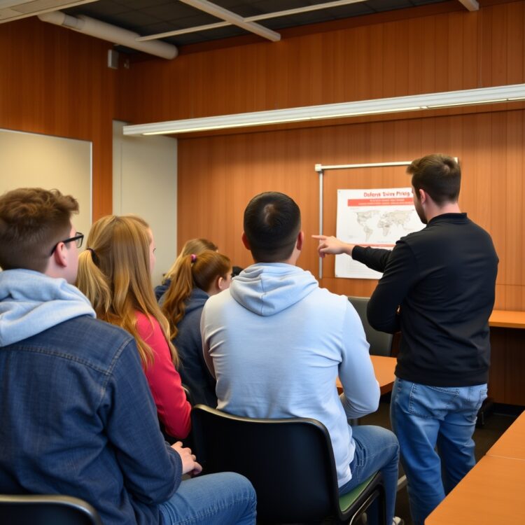 A group of teenagers attending a defensive driving course in a classroom setting, with an instructor pointing at a safety diagram.