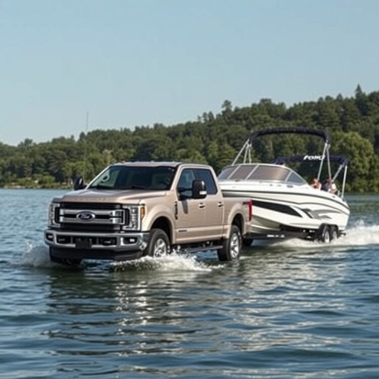 A Ford F-Series truck towing a large boat on a sunny day at the lake, highlighting its towing and payload capabilities.