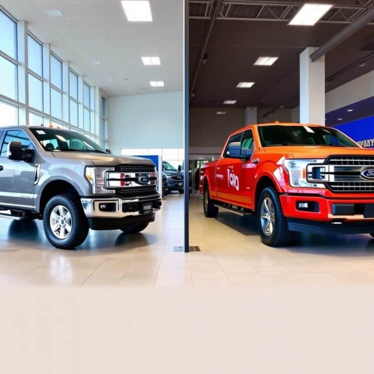 A side-by-side comparison of a new and used Ford F-Series truck in a dealership setting, focusing on the pros and cons of each.