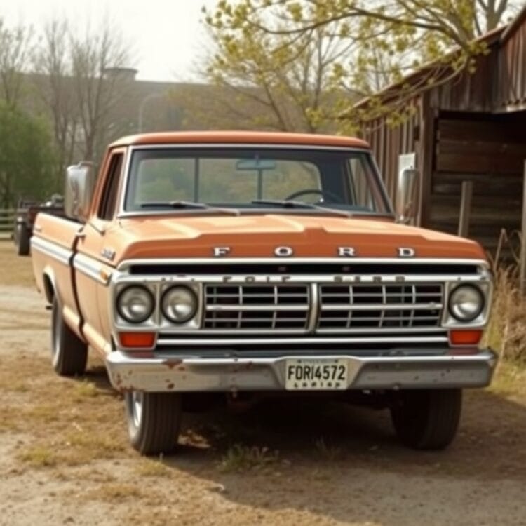 A vintage Ford F-Series truck with a classic design parked in a rustic setting, showcasing its historical significance and evolution.