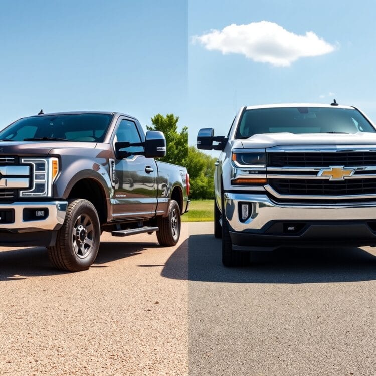 Side-by-side comparison of a Ford F-Series truck and a Chevrolet Silverado on a sunny day, highlighting design and feature differences.