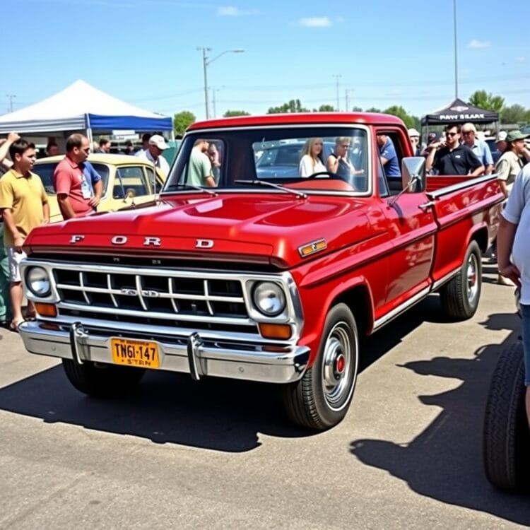 A beautifully restored vintage Ford F-Series truck at a car show, surrounded by admiring onlookers, emphasizing the community and collector interest.