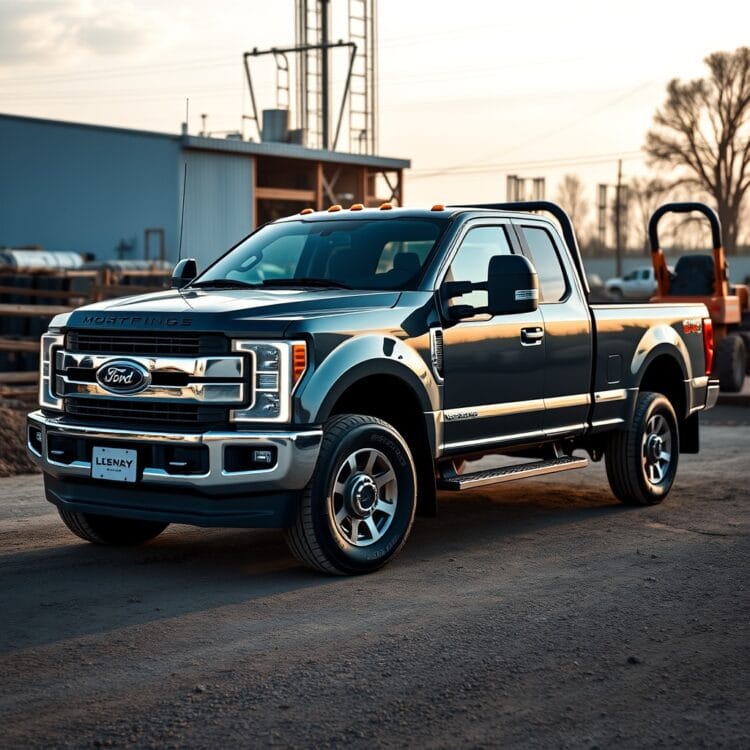 A professional stock photo featuring a Ford F-Series truck in a commercial setting, such as a construction site or farm, highlighting its utility and reliability for business use, with no text.