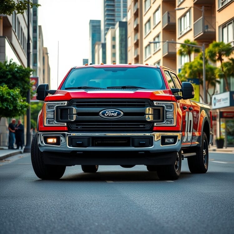 A high-quality stock image of a Ford F-Series truck in an international urban setting, showcasing its global appeal and adaptability to different markets, without any text.
