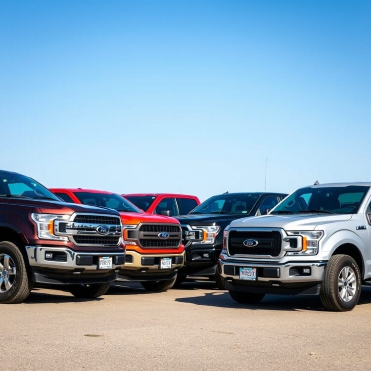 A lineup of top-rated second-hand pickup trucks parked side by side, showcasing their durability and style under clear blue skies, highlighting the best models to consider.