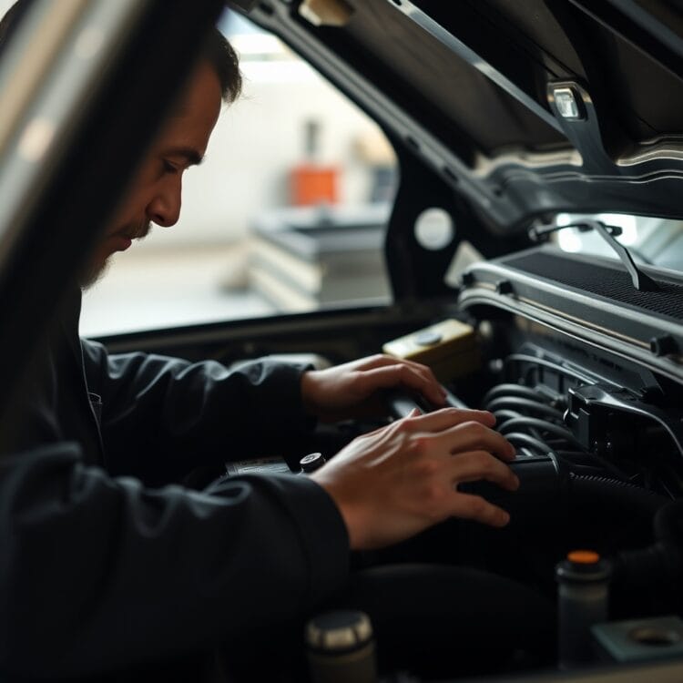 A close-up of a mechanic inspecting the engine of a used pickup truck, focusing on identifying common pitfalls and ensuring mechanical soundness before purchase.