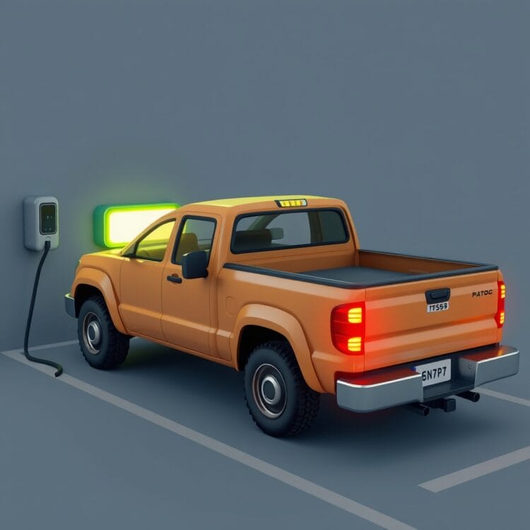 An eco-friendly second-hand pickup truck being charged or refueled, symbolizing the environmental impact and sustainability considerations of buying used trucks.