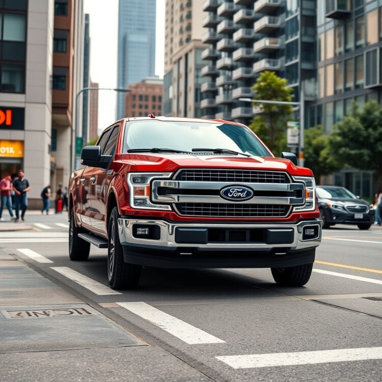 A high-quality, professional stock photo of a Ford F-Series pickup truck in a dynamic urban setting, showcasing its design and popularity among users.
