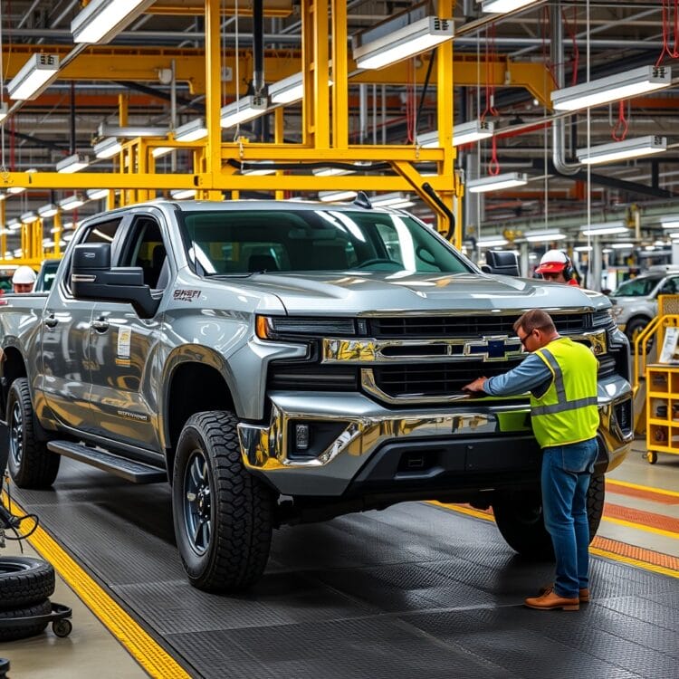 A professional stock photo depicting the economic impact of pickup trucks, focusing on a manufacturing plant with workers assembling the leading model, highlighting job creation and industry support.