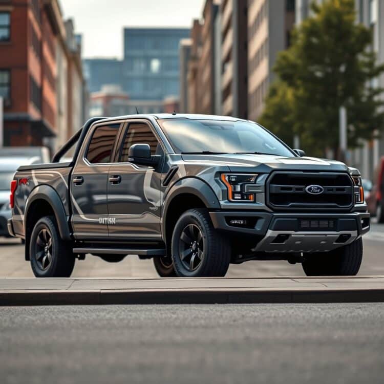 A sleek, modern British-made pickup truck parked in an urban setting, showcasing its design and utility features under natural daylight.