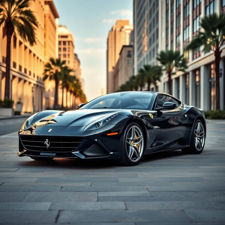 A sleek Ferrari parked in a luxurious urban setting, symbolizing the geographic distribution of Ferrari owners across different regions.