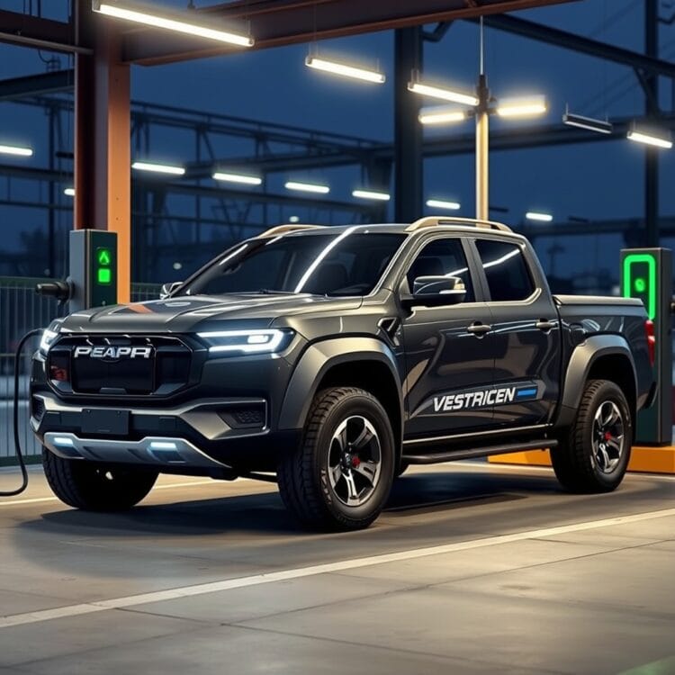 An advanced electric British-made pickup truck charging at a station, highlighting sustainability and future technology in automotive manufacturing.
