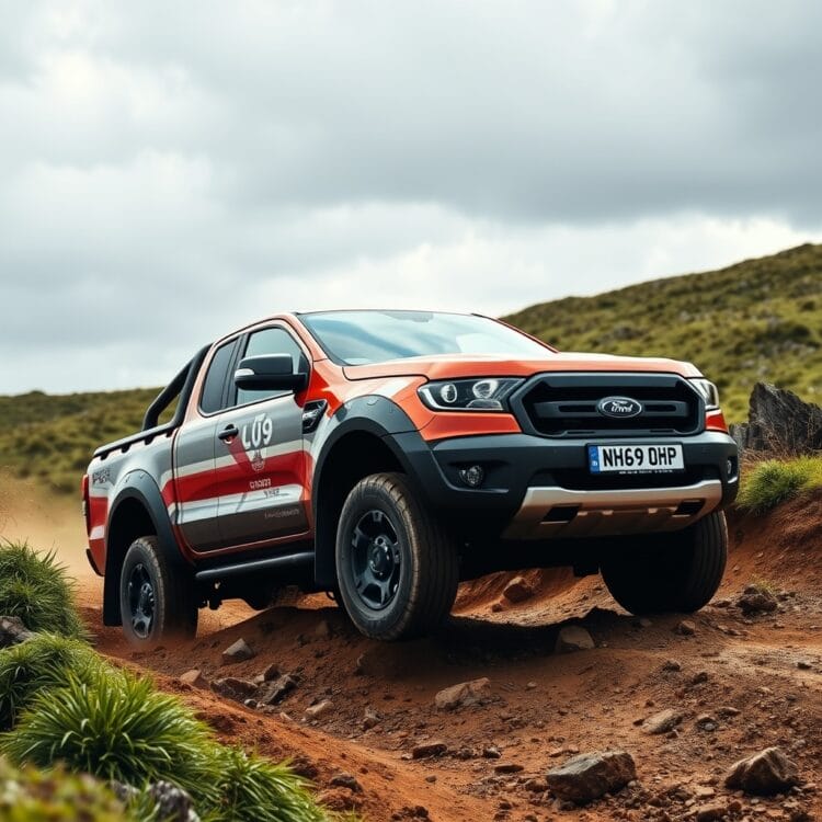 A British pickup truck navigating a rugged terrain, symbolizing the challenges and competition faced by British manufacturers in the global market.