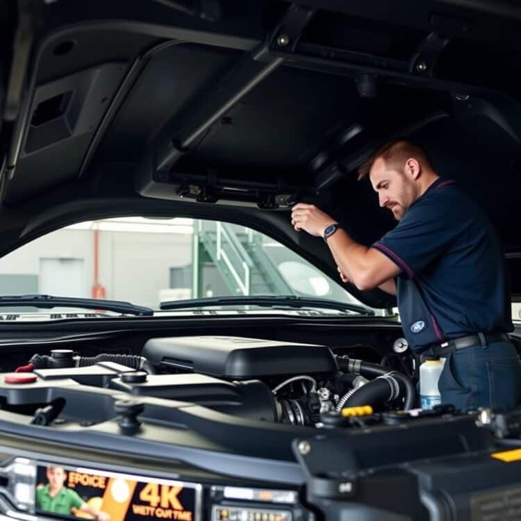 A well-maintained Ford F-150 engine bay with a mechanic performing routine maintenance, highlighting the importance of upkeep for vehicle longevity.