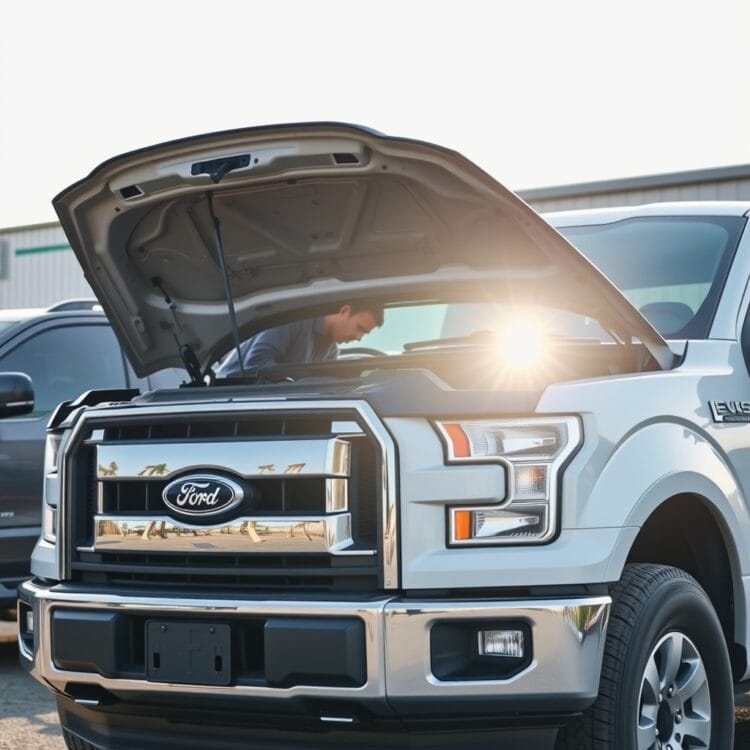 A detailed view of a Ford F-150 with its hood open, showing a mechanic inspecting the engine, representing the financial implications of repair costs.