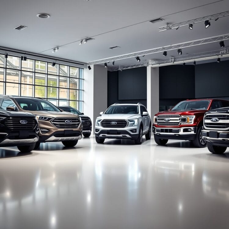 A modern Ford SUV and truck lineup displayed in a high-end showroom setting, highlighting the shift in focus from cars to larger vehicles under bright, professional lighting.