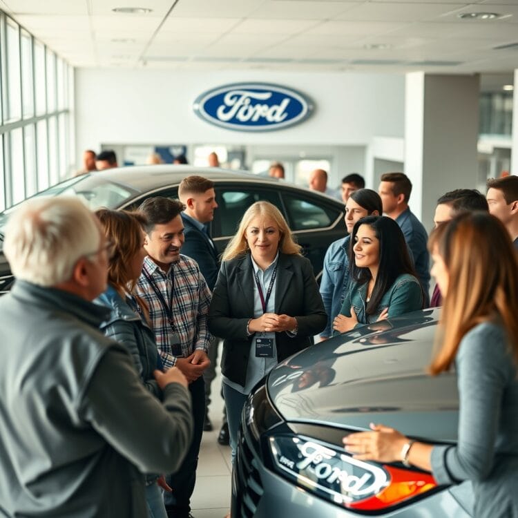 A diverse group of people discussing Ford vehicles at a dealership, capturing varied customer reactions and emotions towards Ford's strategic shift, in a candid, professional stock photo style.