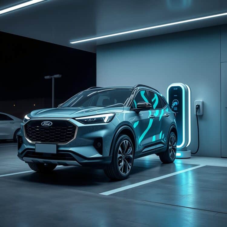 A futuristic Ford electric SUV charging at a sleek, modern charging station, symbolizing the brand's commitment to sustainability and technological advancement, shot in a high-quality commercial style.
