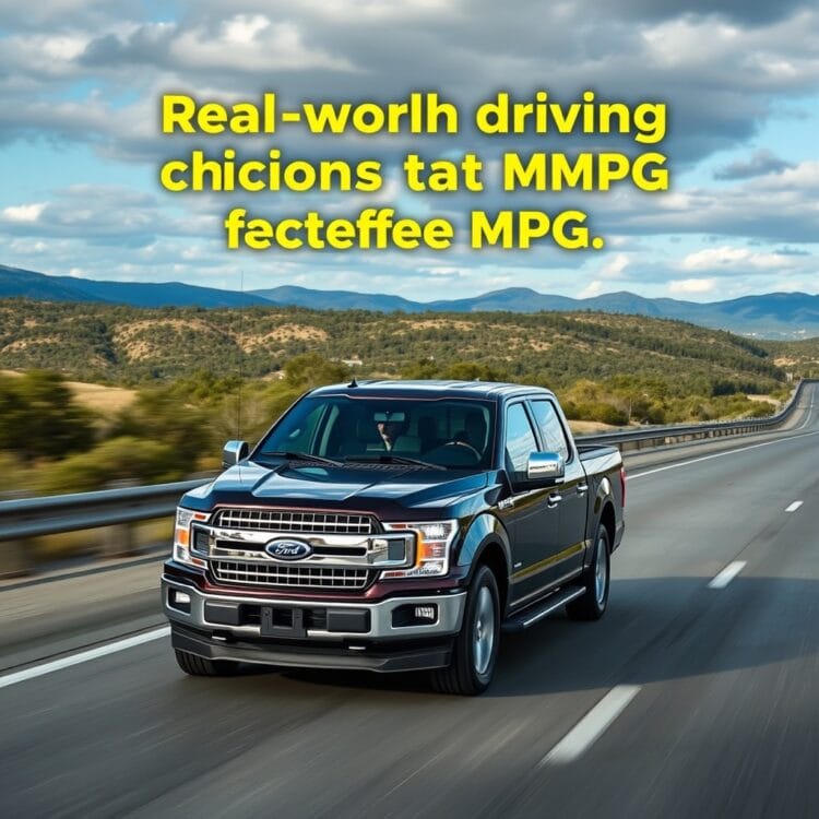 A Ford F-150 driving on a highway with a scenic backdrop, showcasing real-world driving conditions that affect MPG.