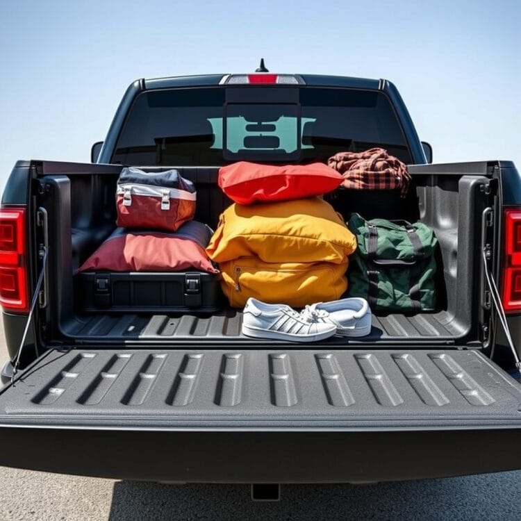 A Ford F-150 with various payloads in the bed, illustrating how weight and load impact fuel efficiency.
