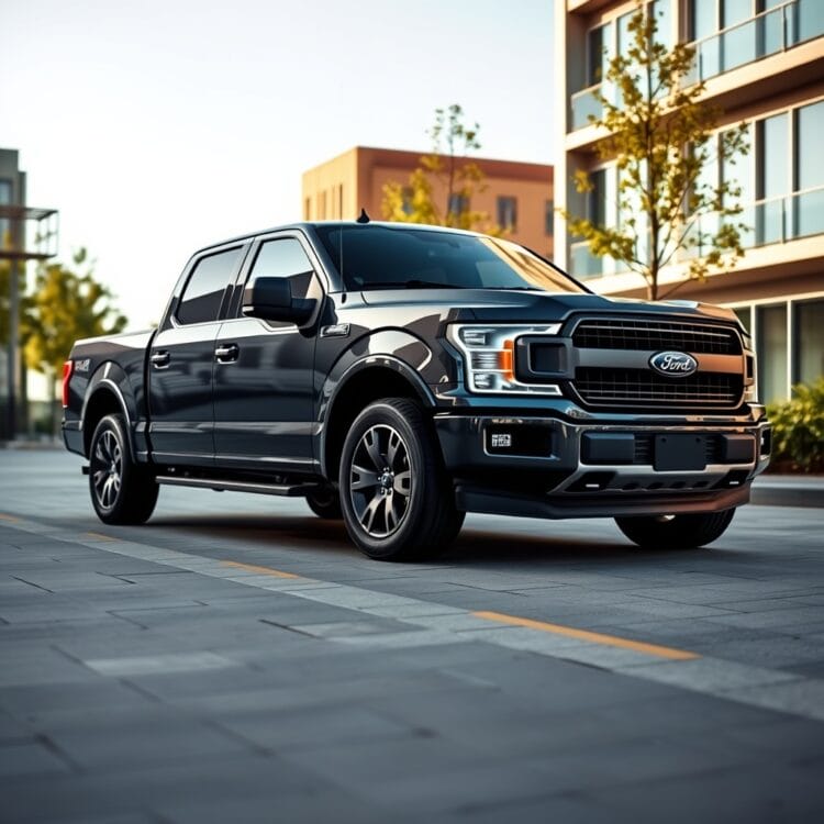 A sleek Ford F-150 parked in a modern urban setting, highlighting its design and features, with a focus on its tax-related attributes like CO2 emissions and engine size.