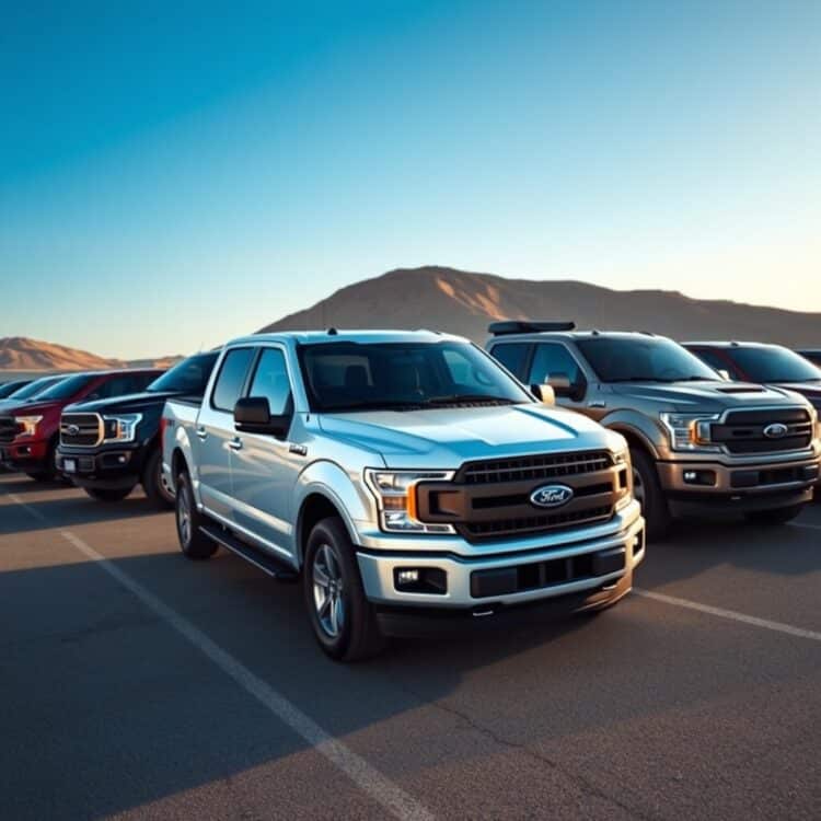 A comparison scene showing a Ford F-150 alongside other vehicles like pickup trucks and SUVs, emphasizing the differences in road tax rates and environmental impact.