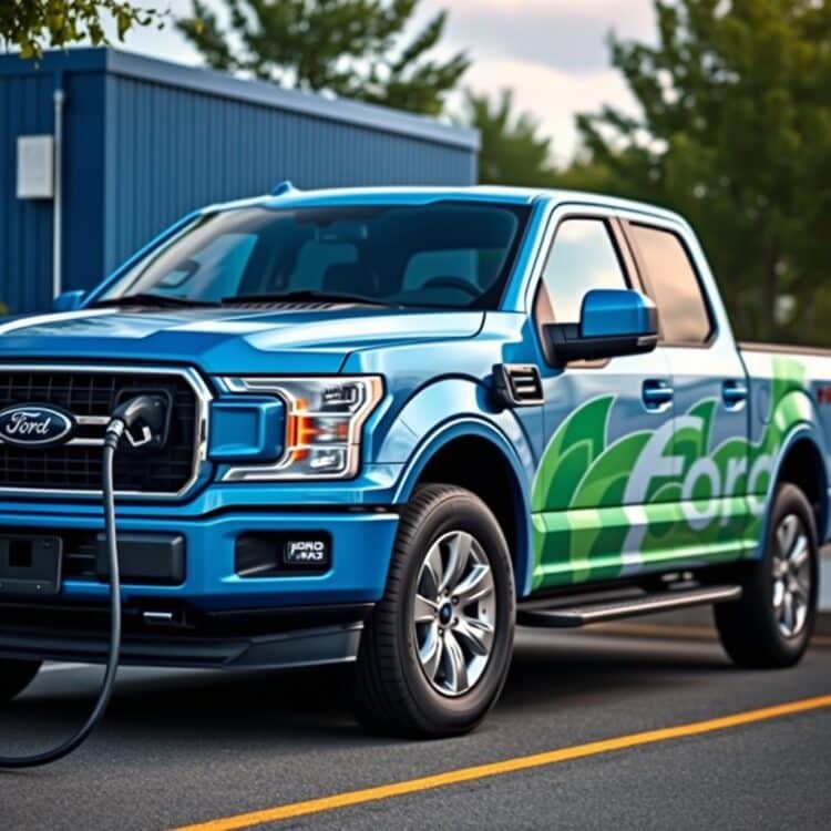 An eco-friendly Ford F-150 model, possibly hybrid or electric, charging or refueling, showcasing its benefits for lower road tax rates and environmental savings.