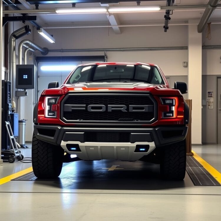 A sleek Ford Raptor undergoing an emissions test in a modern UK garage, showcasing compliance with environmental standards.