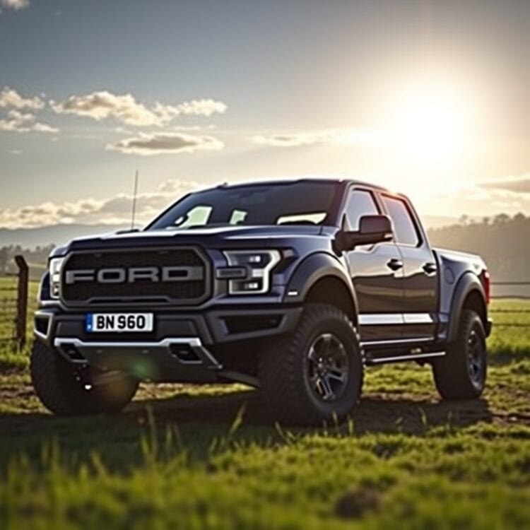 A Ford Raptor parked in a scenic UK countryside setting, highlighting the vehicle's tax implications and ownership costs under the sunlight.