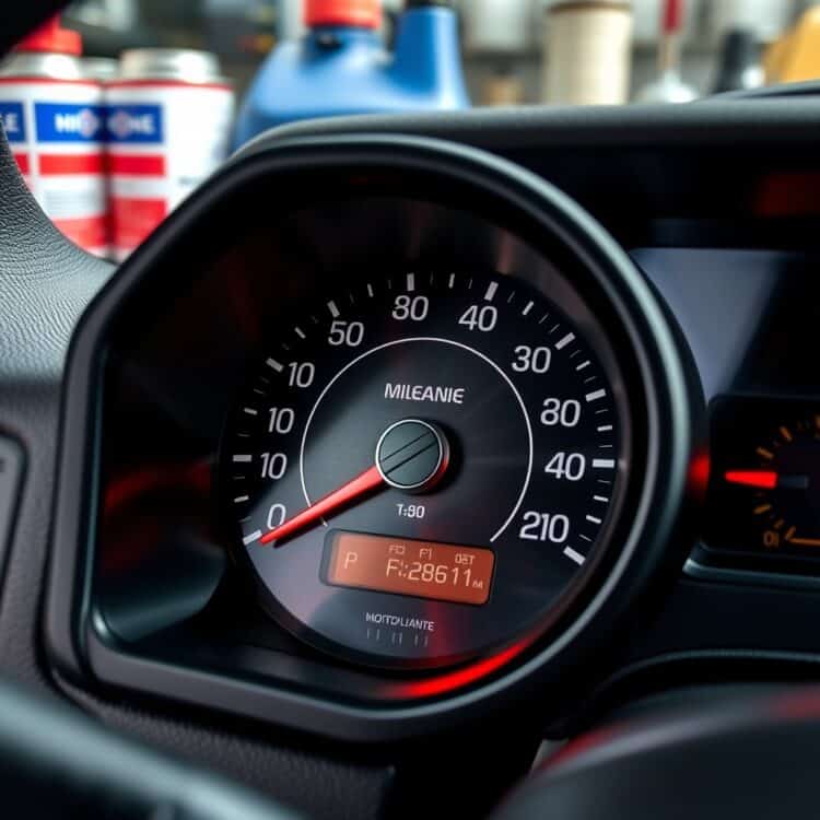 A detailed close-up of a Ford F-150's odometer showing high mileage, with tools and maintenance items like oil cans and filters subtly placed in the background, highlighting the chapter's focus on the role of mileage in maintenance costs.