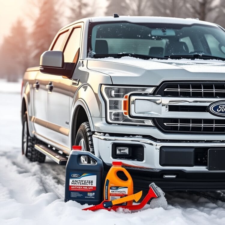 A Ford F-150 parked in a snowy landscape, with frost on its windows and a winter maintenance kit including antifreeze and ice scrapers placed nearby, emphasizing seasonal maintenance tips for winter.