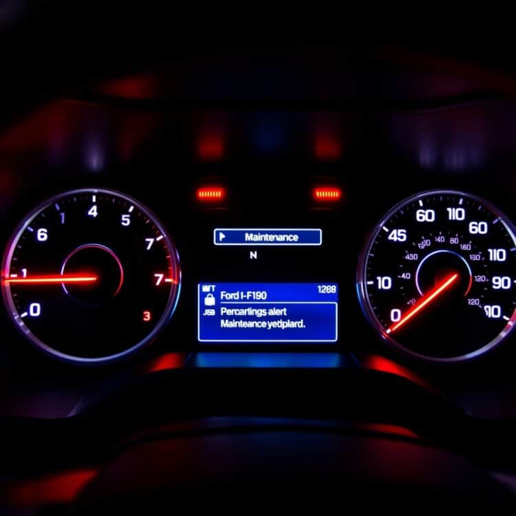 A modern Ford F-150 dashboard lit up with advanced technology displays, including a maintenance alert notification, showcasing the intersection of technology and vehicle maintenance.