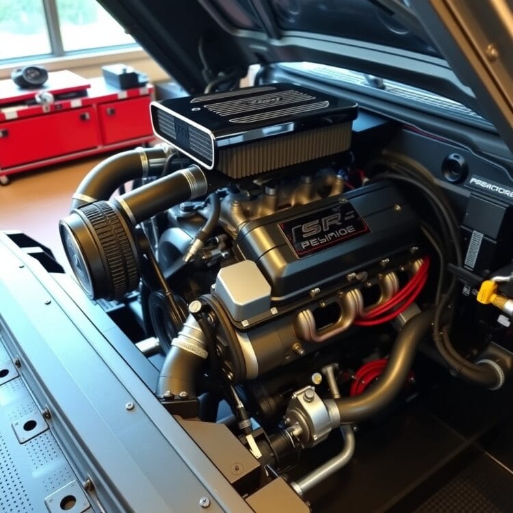 A high-performance Ford F-Series truck engine on a dyno, showcasing its power and technology under the hood, with a focus on the intricate details of the engine components.