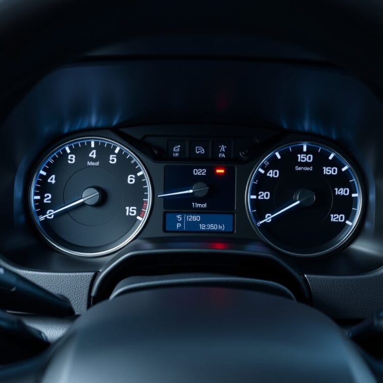 A Ford F-Series truck dashboard highlighting the speedometer and electronic speed limiter features, with a clean, modern interior design emphasizing technology and control.