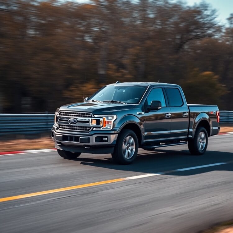 A Ford F-Series truck in motion on a test track, capturing the dynamic speed and performance with a professional, action-oriented photography style.