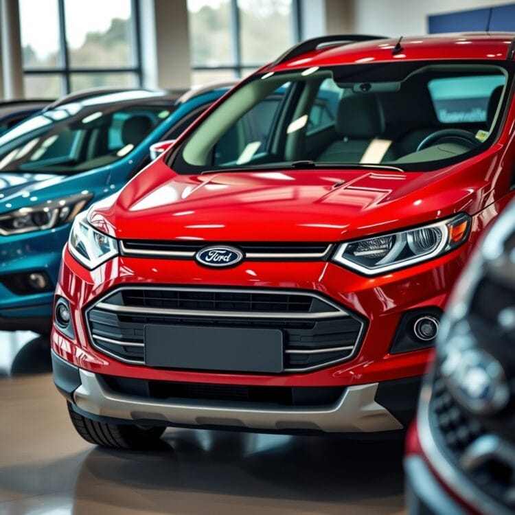 A professional stock photo featuring a Ford vehicle alongside competitors, highlighting its superior reliability and dependability in a showroom or road setting.