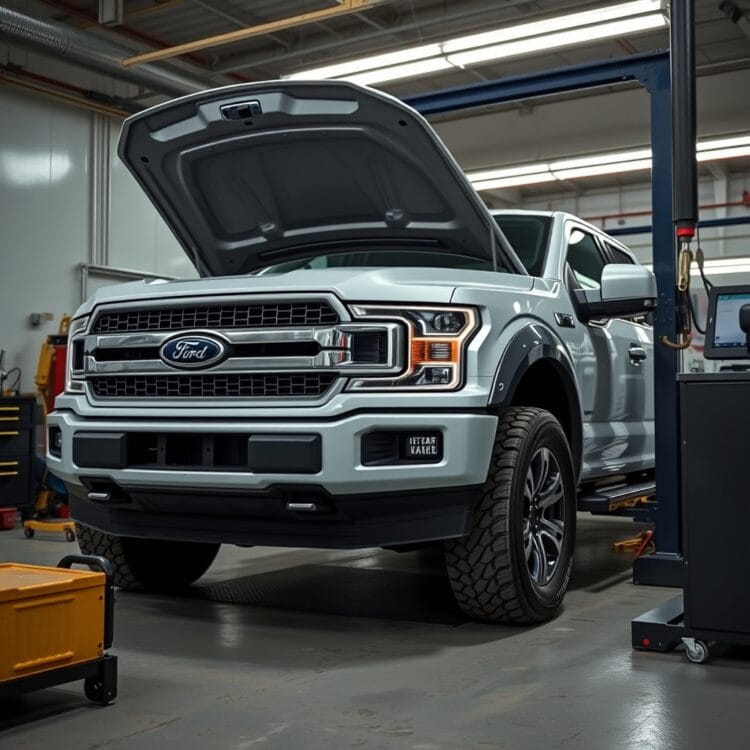 A well-maintained pickup truck under professional inspection, highlighting its pristine condition and maintenance records.