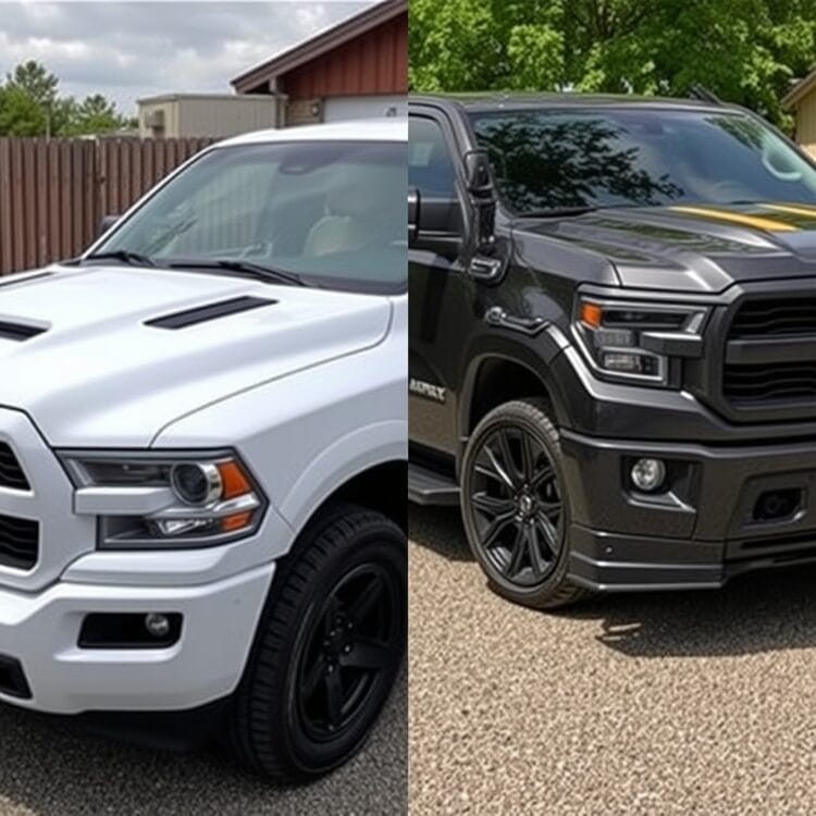 A customized pickup truck showcasing both value-adding and value-decreasing modifications in a side-by-side comparison.